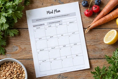 Personalized meal plan document with fresh ingredients