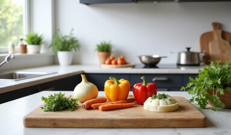 Cocina moderna con ingredientes frescos en una tabla de cortar, lista para preparar una receta.