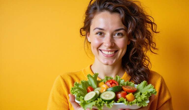 Mujer sonriendo mientras come una ensalada fresca y colorida.