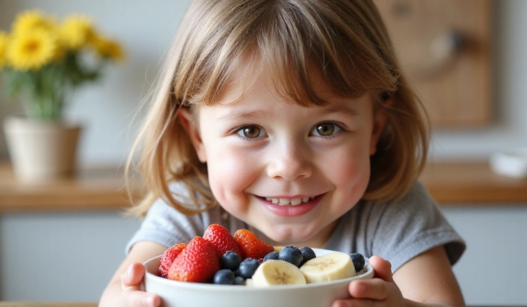 Niño feliz comiendo frutas, representando alimentación infantil saludable.