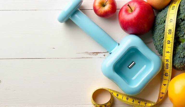 Pesa de gimnasio junto a una cinta métrica y alimentos saludables, simbolizando la pérdida de peso.