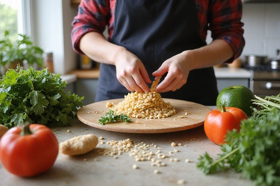 A cozy kitchen scene with healthy ingredients and a person preparing a nutritious meal, symbolizing healthy recipes.