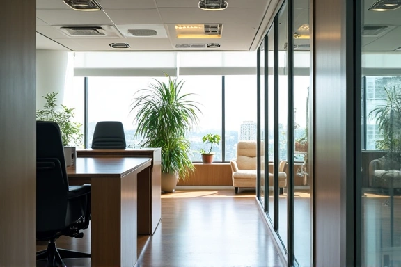 Interior de oficina moderno con luz natural, escritorio limpio