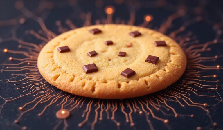 Ilustración de una galleta digital con chips, simbolizando una cookie de internet.