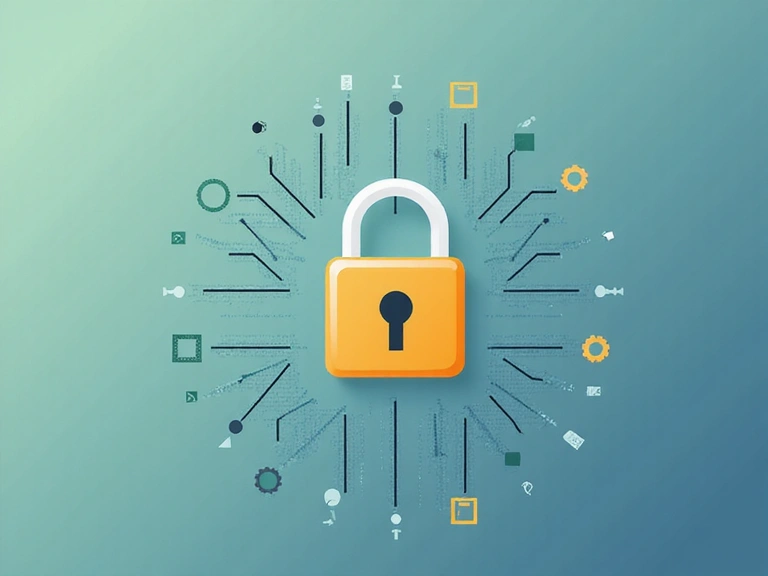 Ilustración de la privacidad de datos con un candado y datos flotantes.