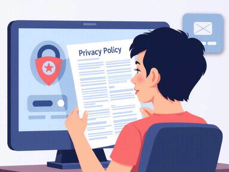 Ilustración de una persona leyendo un documento con un icono de privacidad.