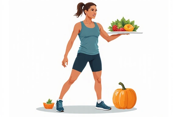 Ilustración de un atleta en pose dinámica con comida saludable, estilo minimalista.