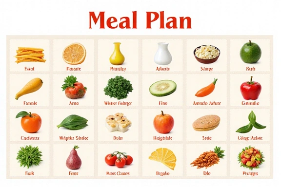 Ilustración de un plan de comidas con varios alimentos saludables y colores vibrantes.