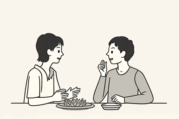 Ilustración minimalista de una persona con una condición de salud recibiendo consejo dietético, con un tono de cuidado.