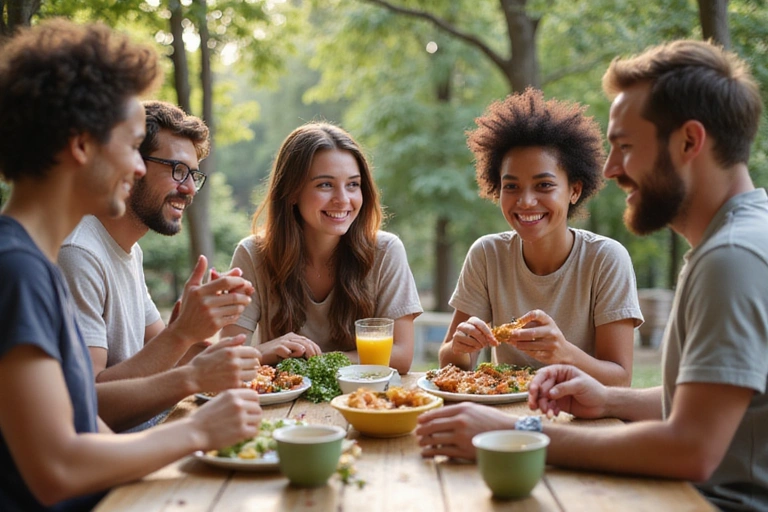 Grupo de personas diversas sonriendo y comiendo alimentos saludables juntos.